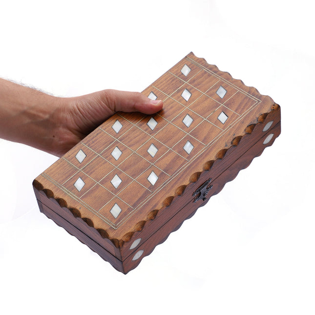 Mini Boy Seyahat Tipi Tavla Seti – Sedef Kakmalı El Yapımı Ahşap Tavla ve Dama Seti 27cm
