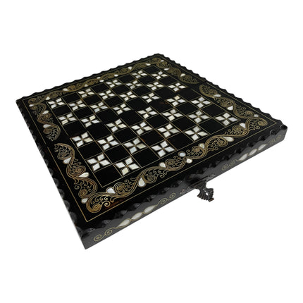 Orta Boy Tavla Seti – Gerçek Sedef Kakmalı Seyahat Tipi Ahşap Tavla Seti.35 cm