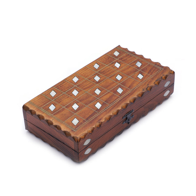 Mini Boy Seyahat Tipi Tavla Seti – Sedef Kakmalı El Yapımı Ahşap Tavla ve Dama Seti 27cm