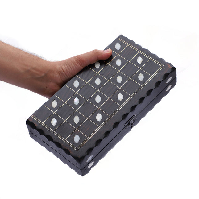 Mini Sedef Kakmalı Ahşap Tavla Seti – Dama Oyunlu Seyahat Tavlası 26 cm